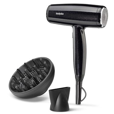 Фен для волосся BaByliss Cosmos D580DE з дифузором, 2100 Вт, іонізація, 3 температурні та 2 швидкості обдуву, сріблястий (Black Sparkle)