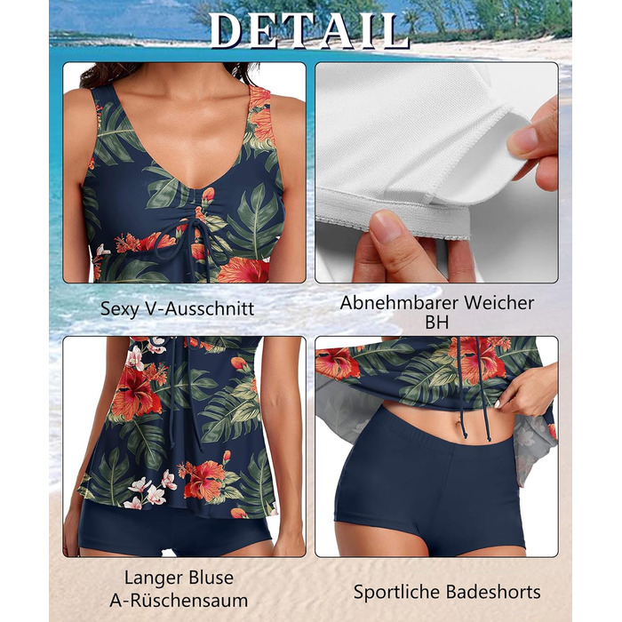 Tankini жіночий купальник з високою талією, push-up топ з шортами, двочастинний, квітковий принт, блакитний, розмір L