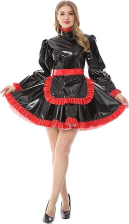 Костюм горничної JOLINE з високим коміром з ПВХ шкіри, чорний, XXL. Костюм для перевдягання, французький стиль