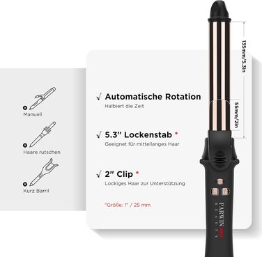 Автоматичний плойка-стайлер для волосся PARWIN PRO BEAUTY 32мм, ротаційний завитьок з нано-титановим покриттям та LCD-дисплеєм, 120-210°C