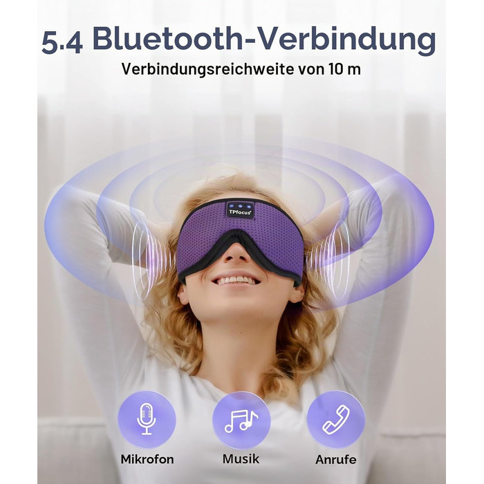 Маска для сну з Bluetooth-навушниками ASMR, м'яка бездротова маска для сну та відпочинку, ідеальна для подорожей та людей, що сплять на боці (3D, чорний/ліловий)