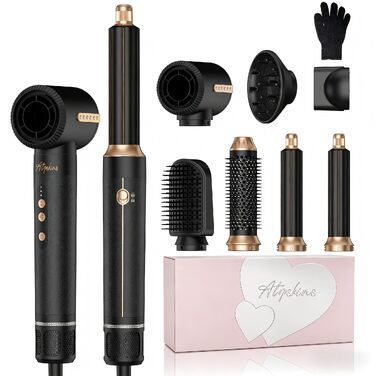 Мультифункціональний стайлер для волосся 7 в 1 Atopskins Airstyler Pro: фен з дифузором, круглі щітки, випрямляч та плойка для локонів Beach Waves, чорно-золотий