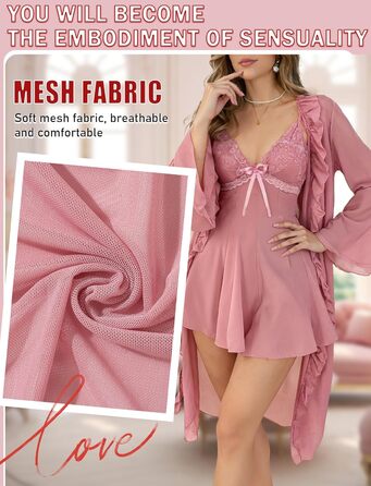 Комплект жіночої білизни AIEOE: мереживний халат-сорочка та нічна сорочка (рожевий, S)