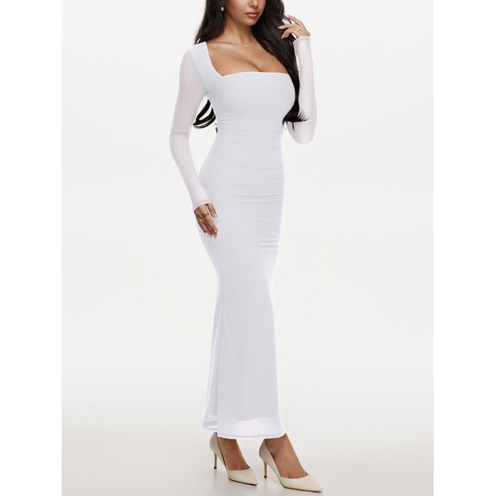 REORIA Максі-сукня для гостей на весілля: довга, з довгими рукавами, прозора сітка, квадратний виріз, обтягуюча, біла, XS