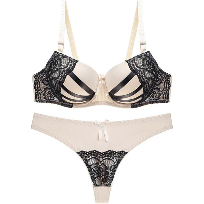 Сексуальна жіноча білизна: комплект з мереживом, V-подібний виріз, push-up, бежевий, Китай, розмір 42