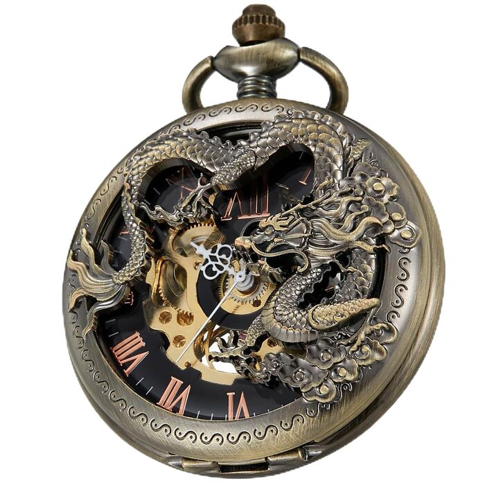 Механічний кишеньковий годинник Tiong Vintage Steampunk зі скелетоном, римськими цифрами та ланцюжком (бронза, чорний) — подарунковий набір з коробкою