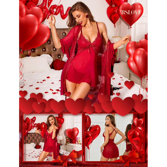 Халат жіночий мереживний RSLOVE з бантиком, сексуальний бандаж, нічна сукня, піжама, червоний, розмір S
