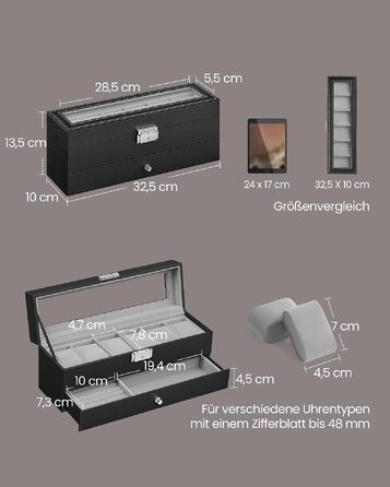 Бокс для годинників SONGMICS на 6 відділень з кришкою зі скла, знімними подушками та металевим замком, шкіряний PU-чохол, чорний JWB06BK