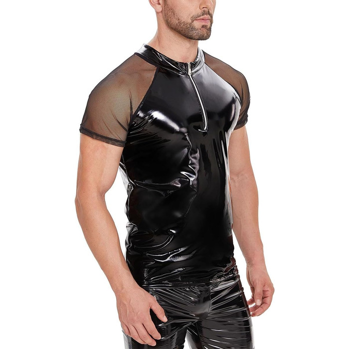 Чоловіча сексуальна футболка з екошкіри, батал, S-5XL, блискуча ПВХ шкіра, прозора сітка, блискучий латексний короткий піджак для чоловіків, чорний, 4XL