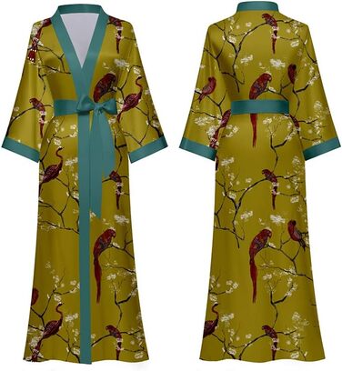 Жіночий халат з атласу, максі, довгий, шовковий кімоно, сукня з квітковим принтом, легкий халат, літня роба, піжама, для вечірок (універсальний розмір, жовтий)