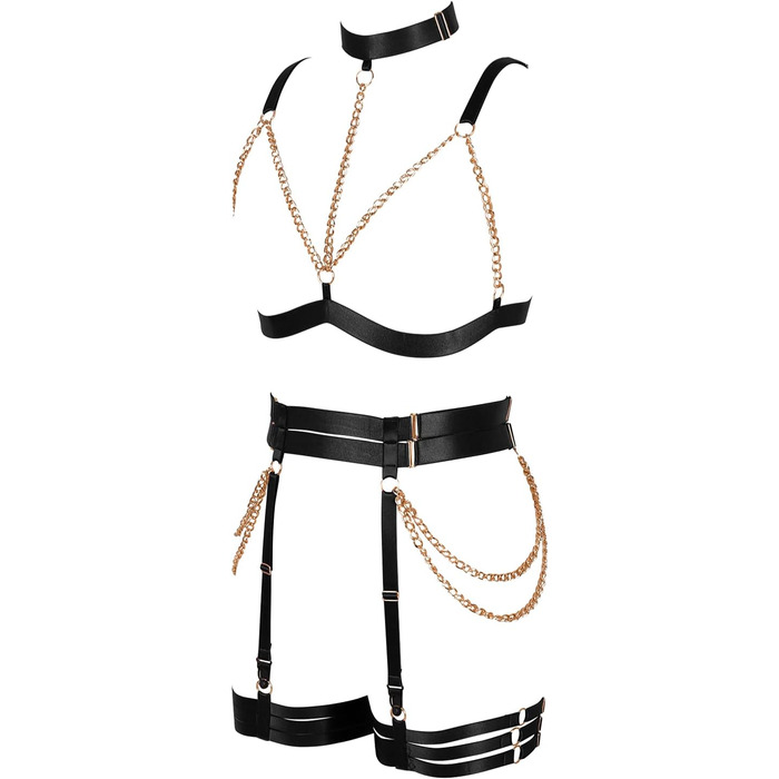 Комплект корсет, бра, стрінги з ремінцями, чорний. Бра-комбінезон, готичний стиль, для танців та Хелловіну