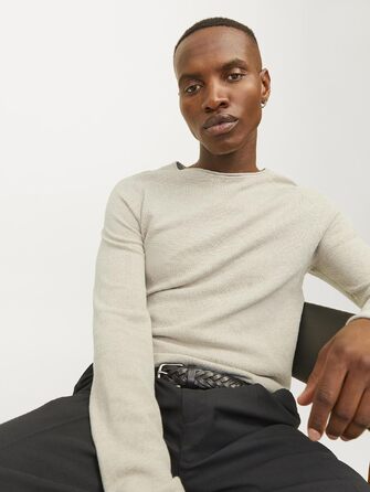 Чоловічий базовий в'язаний светр Jack & Jones з круглим вирізом, бавовняний, довгий рукав, колір Oatmeal (вівсяний)