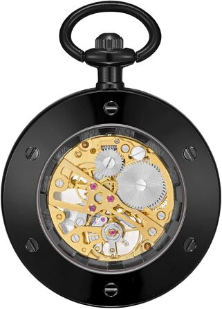 Механічний кишеньковий годинник ShoppeWatch для чоловіків з ланцюжком, ручний завод, прозорий циферблат у стилі стімпанк (чорний)