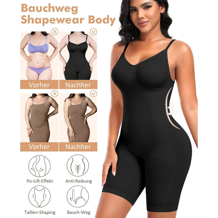 Коригуючий боді для жінок Werena Shapewear — безшовний утягуючий одяг для живота та стегон, формуючий боді-шорти з регульованими бретелями, чорний, розмір L
