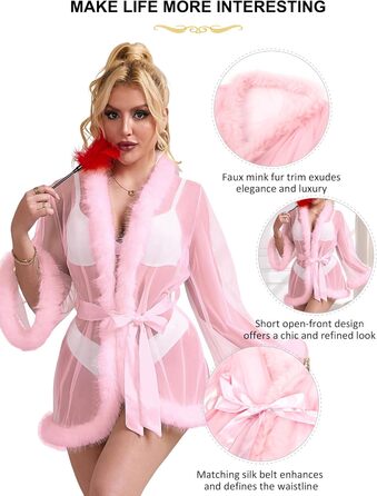 Кимоно жіноче з тюлю, коротке, сексуальне, з штучним хутром, прозоре, великі розміри, для відпочинку, вечірки, вагітним, з поясом, XS-S, рожеве