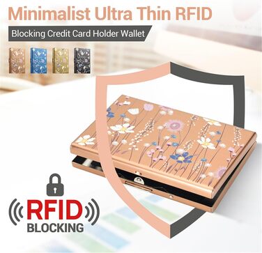 Ультратонкий металевий картхолдер з RFID-захистом від скіммінгу, гаманець для кредитних карток на 6 слотів, колір Rosegold з квітковим принтом, унісекс