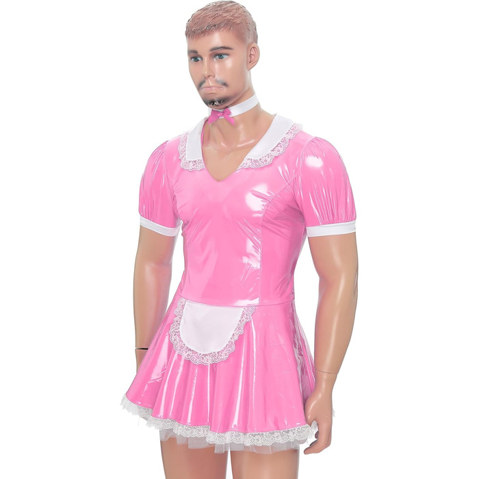 Костюм покоївки Inhzoy для чоловіків: лакове плаття, набір з нашийником, костюм для вечірок, карнавалу, Хелловіну, косплей, рожевий (3XL)