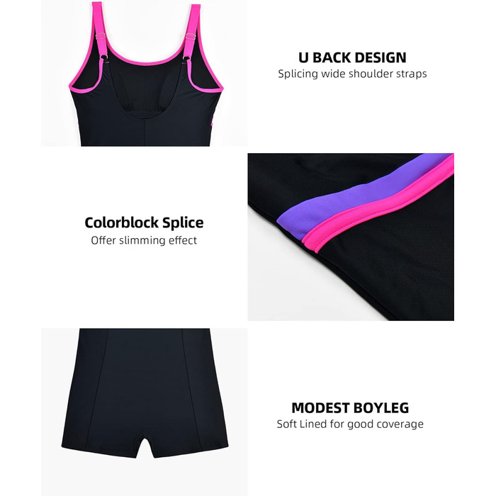 Спортивний купальник для жінок, цілісний, Racerback/U-Back, Body Shaping, чорний/рожевий, розмір 46