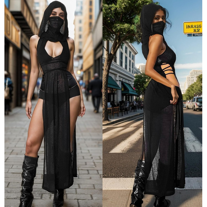 Жіноче прозоре готичне плаття Aucute з капюшоном та без рукавів, чорне, для Хелловіну, фестивалів EDM/Rave