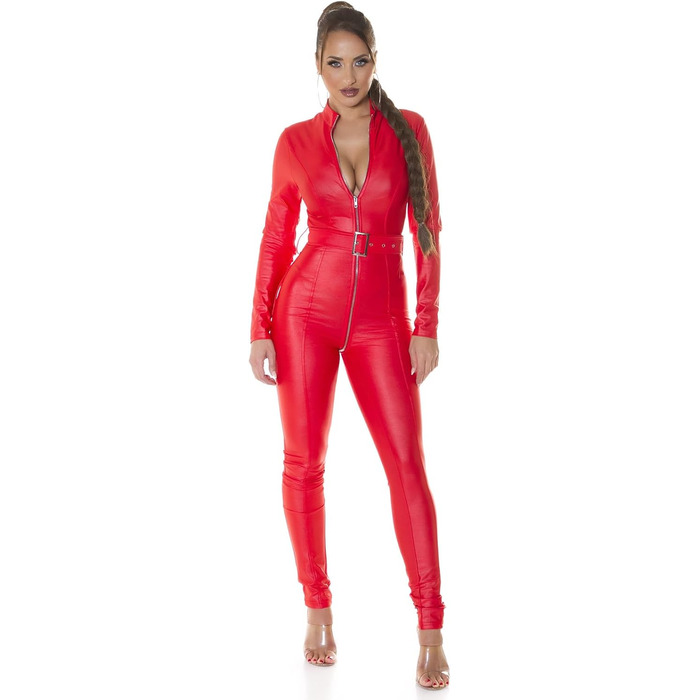 Комбінезон жіночий Koucla Gogo з екошкіри, довгим рукавом, з блискавкою та поясом, червоний