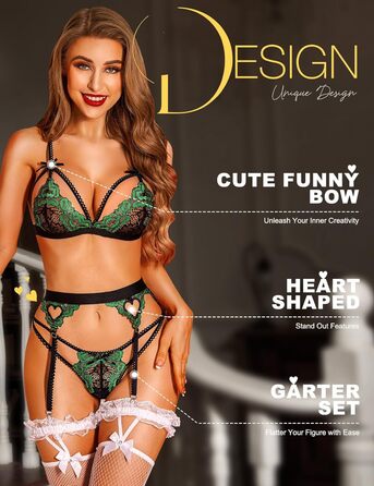 RSLOVE Комплект спідньої білизни для жінок: мереживний тіффані, боді, стринги (3 шт.) - чорний, L