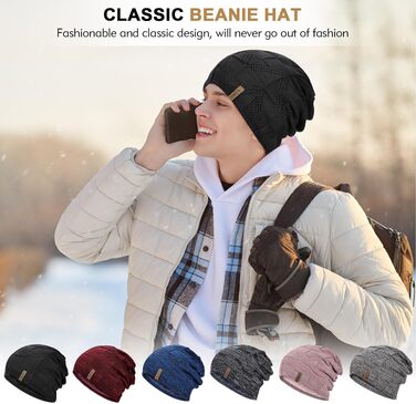 В'язана шапка-біні HAMUNI унісекс, дихаюча шапка Slouch Beanie для жінок та чоловіків (Чорний + Рожевий)