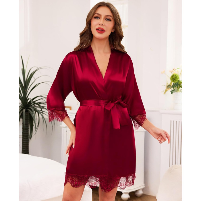 Халат жіночий Lovasy Satin з короткими рукавами, стиль кімоно, мереживо, сексуальний, для вечірки, весілля, з поясом, фіолетовий, червоний, L