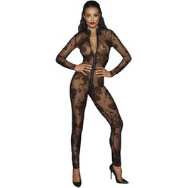 Чорний прозорий жіночий комбінезон з мереживом, ручної роботи, з блискавкою та довгими рукавами, XL