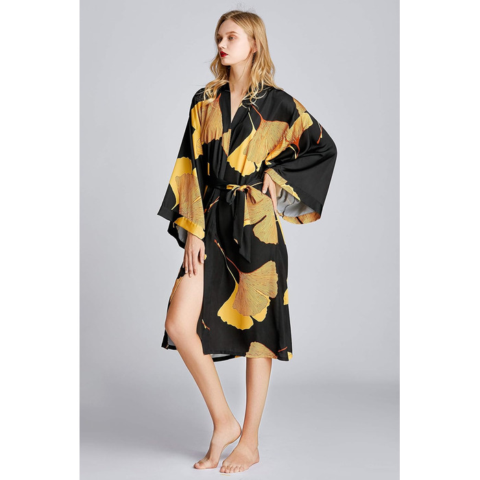 Жіночий халат-кімоно з довгим рукавом з атласу, принт листя гінкго, для нареченої/свідки, універсальний розмір, чорний