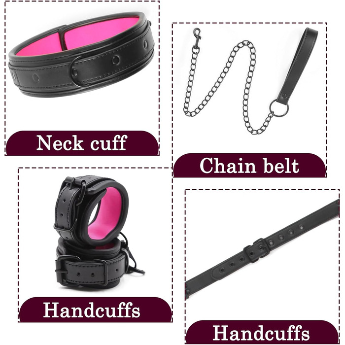 Набір BDSM 6-в-1: наручники, шлея для тіла, чокер, прічка, маска для очей. Набір для BDSM для пар (Чорний, Рожевий)