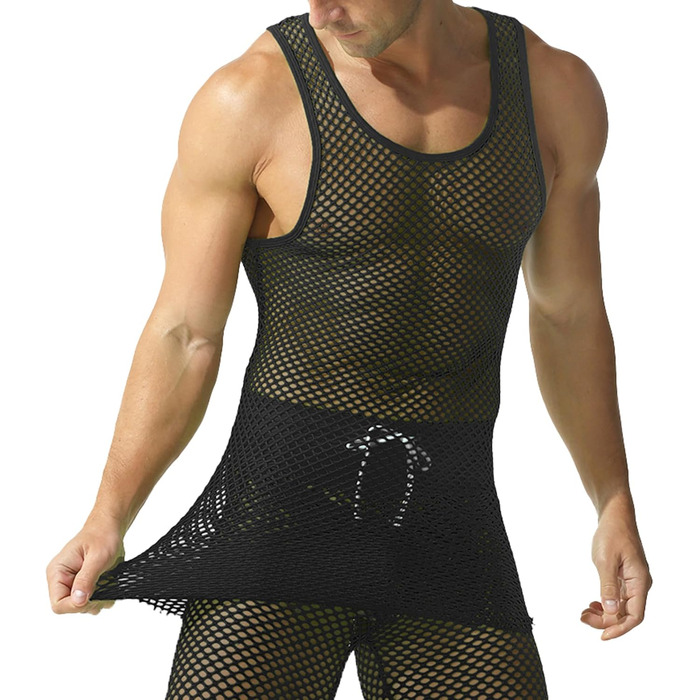 Чоловіча сітчаста футболка QiaTi з прозорим дизайном, довга модель (XL, чорний)