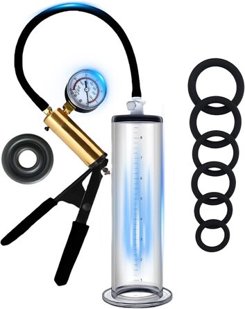 Насос для збільшення пеніса: ручний вакуумний насос з манометром та 6 силіконовими кільцями. Іграшка для чоловіків, збільшувач пеніса. Діаметр: 6.35 см