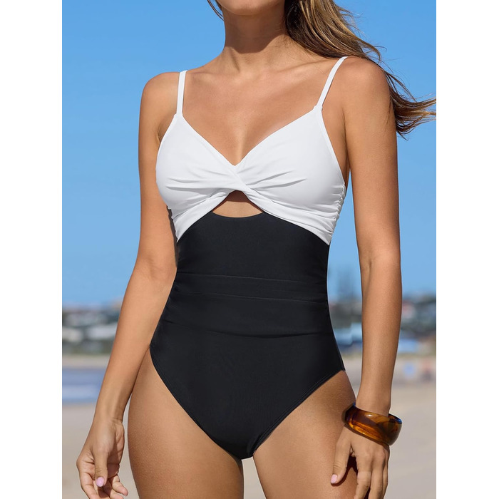 CUPSHE купальник з вирізом, ефект зав'язування, прихована талія, з декоративними вставками, чорно-білий (XS)