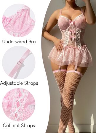 Комплект жіночої білизни FEOYA: мереживне боді, корсет, трусики, панчохи (рожевий, розмір L)