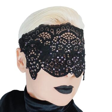 Чорна мереживна маска для жінок з чорними стразами, елегантна маска на пів обличчя, маска для маскарату та карнавалу, мереживна вечірня маска з гумкою (Чорний (фіолетові стрази))