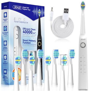 Електрична сонічна зубна щітка Seago SG-958, 40000 VPM, 5 режимів роботи, USB-зарядка, біла (8 насадок у комплекті)