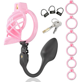 Набір для БДСМ: клітка для статевих органів, вібратор, 6 кільця для пеніса, керування через додаток, для чоловіків та пар (рожевий)
