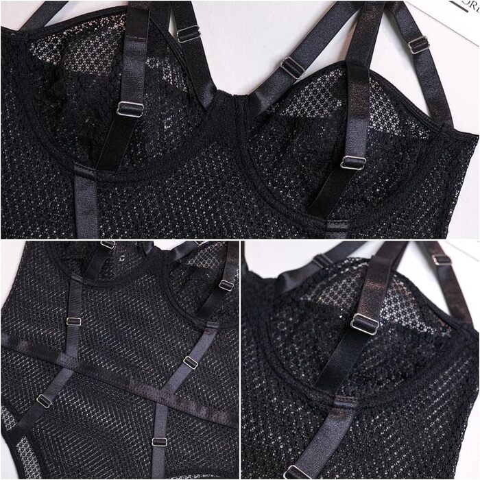 Комплект білизни SINROYEE: Боді-боди з мереживом та шкіряними вставками, пуш-ап бюстгальтер, чорний (S)