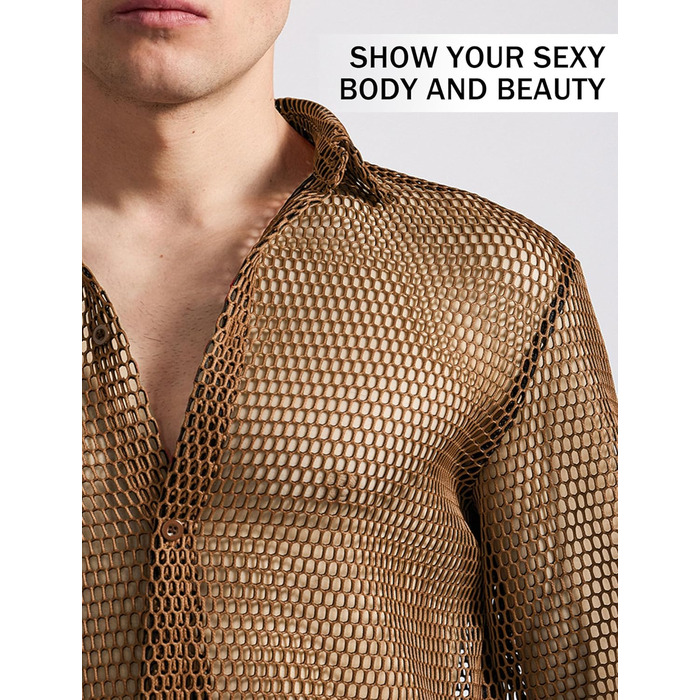 Чоловіча прозора сітчаста сорочка AIEOE: літня, мереживна, з довгим рукавом, для фестивалів, клубів, вечірок, костюм, коричневий