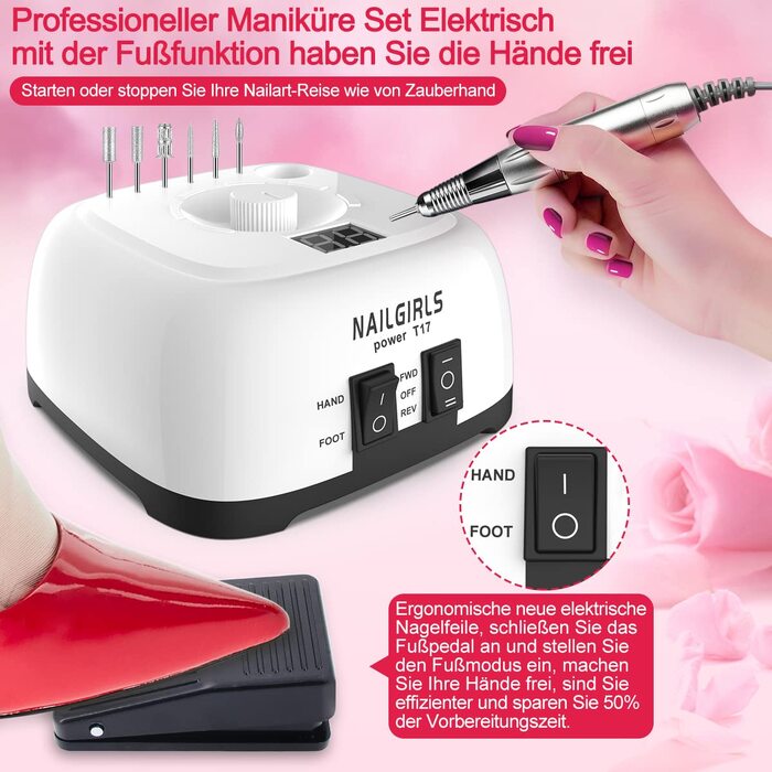Електричний апарат для манікюру та педикюру NAILGIRLS 11 в 1, 35000 об/хв, з LCD-дисплеєм та педаллю, професійний набір для нарощених нігтів та гель-лаку (Білий)