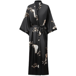 Жіночий халат з довгим рукавом з шовку, сатин, кімоно, квітковий принт, чорний, універсальний розмір