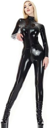 Чорний латексний кігурумі (комбінезон) з натурального каучуку Kangxinsheng для жінок, ручної роботи, з блискавкою спереду, для косплею та костюмів