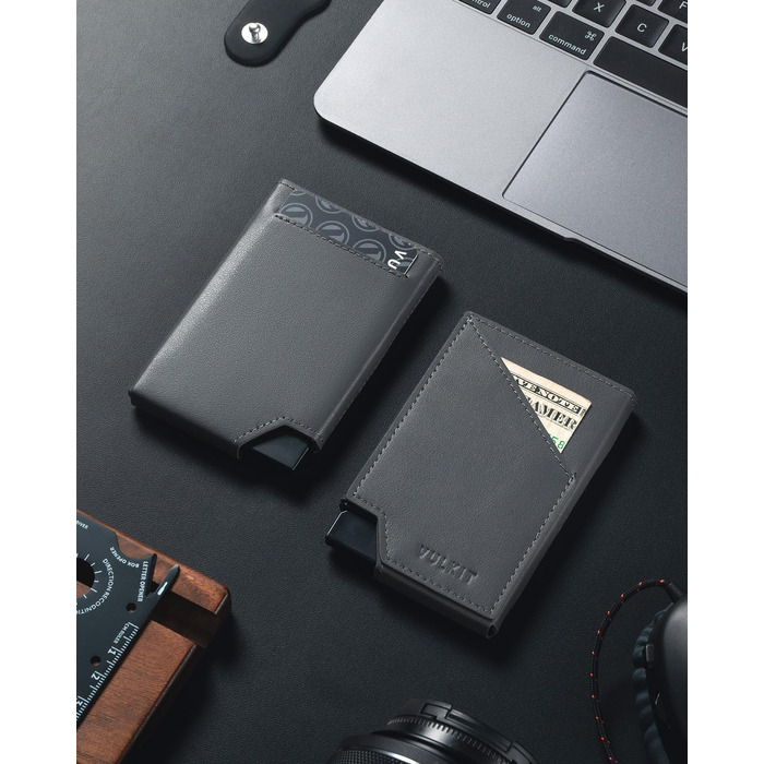VULKIT Сліманий металевий картхолдер з RFID-захистом та Pop-up механізмом, гаманець з відділенням для купюр та монет, сірий