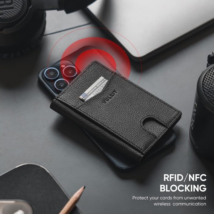 Чоловічий шкіряний картхолдер VULKIT з RFID/NFC захистом, тонкий гаманець для карток на 10 відділень (колір: чорний лічі)
