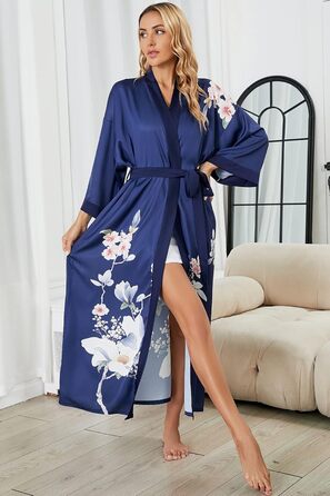 Жіночий шовковий халат-кімоно Moreone з квітковим принтом, довгий, нічна сорочка, атласний халат для нареченої та подружок нареченої (5-marine)