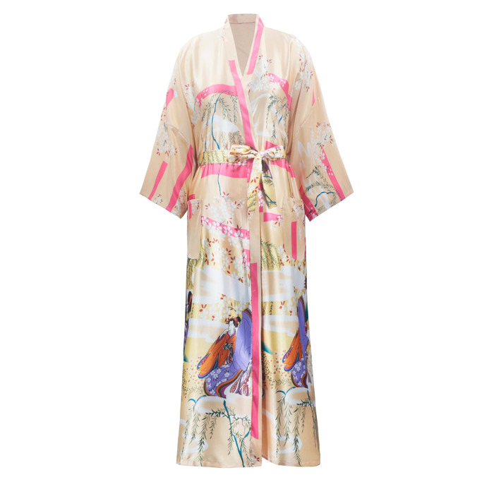 Халат кімоно для жінок, великі розміри, сатин, легкий, японський стиль, плюс сайз, халат для ванни, юката (Sakura Ukiyoe Champagne, XXL)