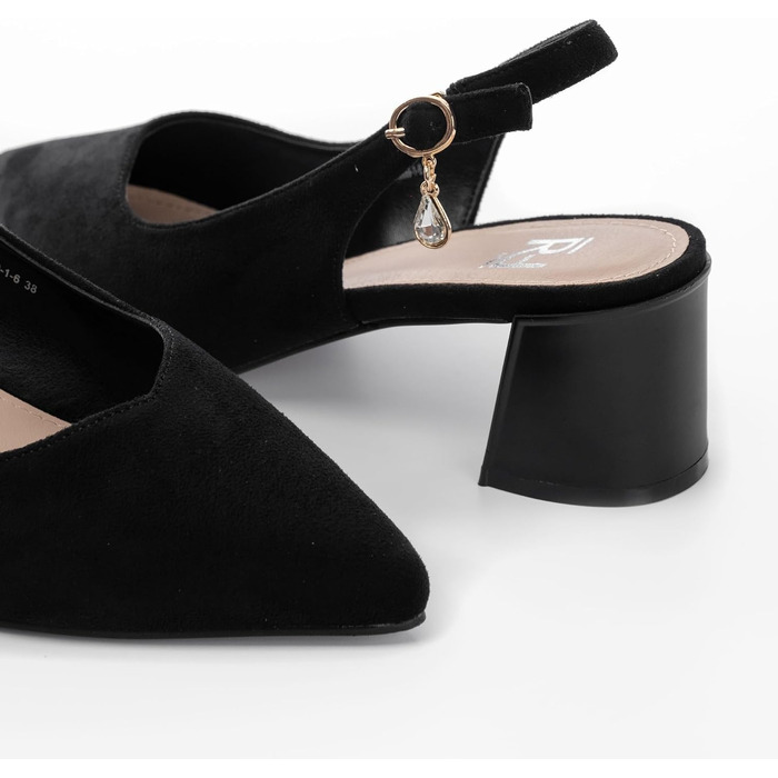Жіночі туфлі-човники Slingback на стійких підборах 5.5 см, екозамша, чорні, розмір 38 EU