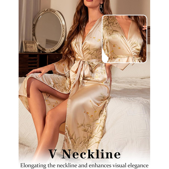 Жіночий халат FEOYA з шовковистого атласу, легкий, довгий, з V-подібним вирізом, жовтий. Ідеальний для вечірки, весілля, дому та сну.