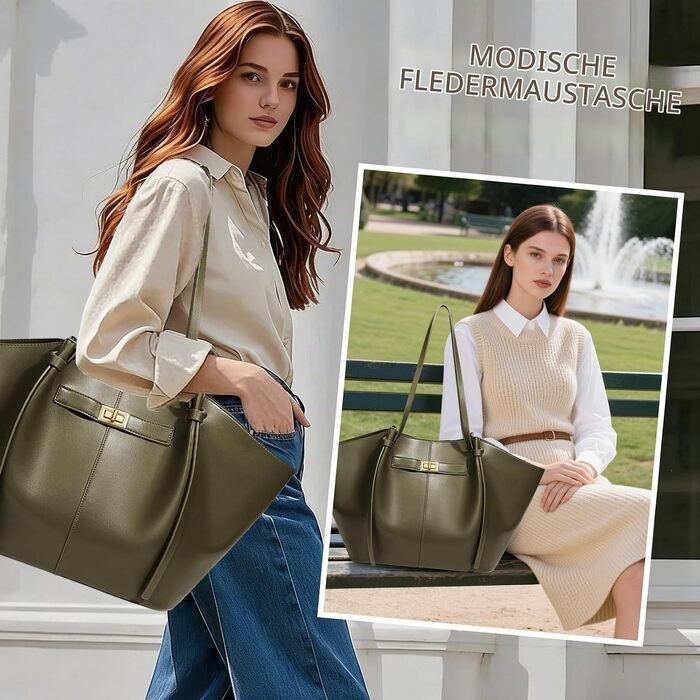 Жіноча сумка-шопер Tote Bag великого розміру, вінтажна сумка на плече з від’ємним ременем для роботи, покупок та подорожей (Зелена)