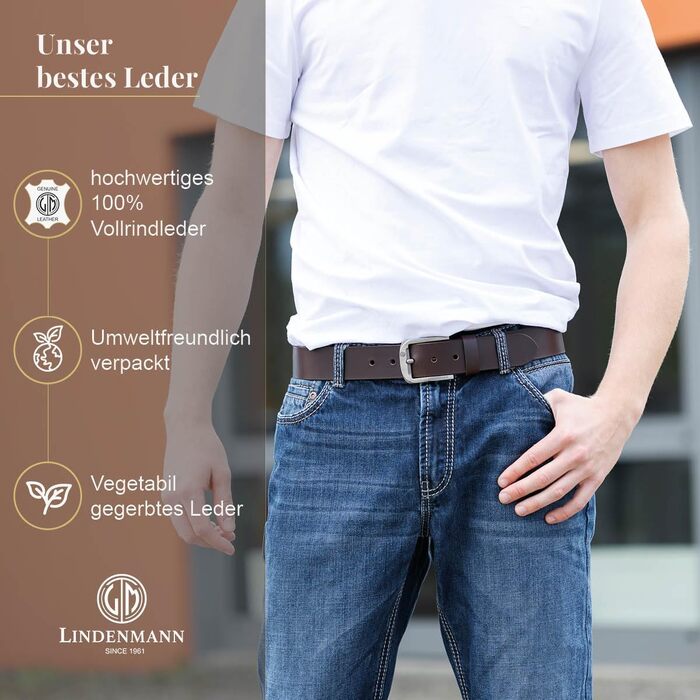Шкіряний ремінь чоловічий LINDENMANN, коричневий, натуральна шкіра (Full Grain), ширина 33 мм, довжина 130 см (розмір XXL), для джинсів та повсякденного стилю